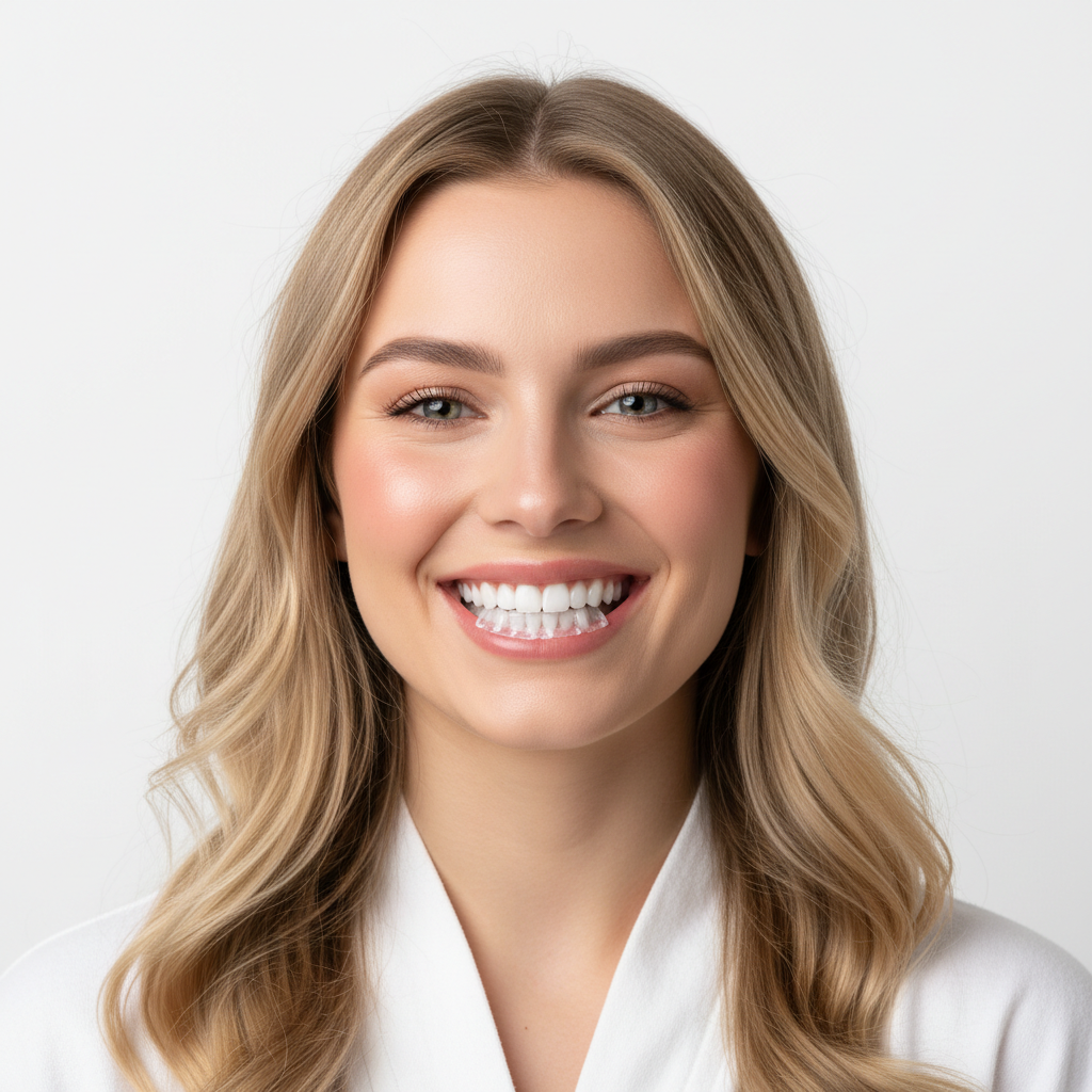 Woman model with teeth whitening strips